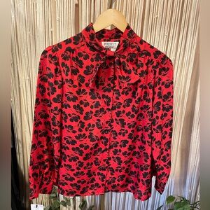 vintage Judy Bond long sleeve secretary blouse red & black floral pattern